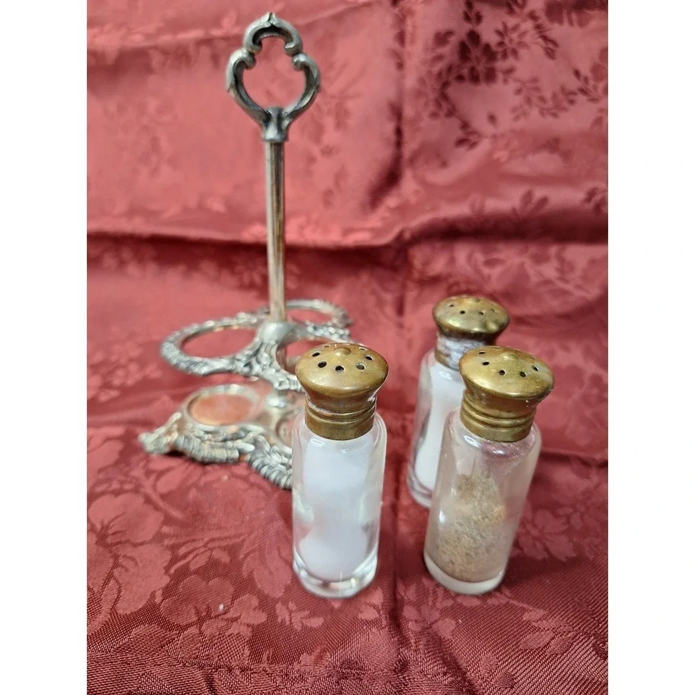 Vintage‎ Ornate Silver Tone Condiment Caddy with 3 Glass Shakers Brass Lids